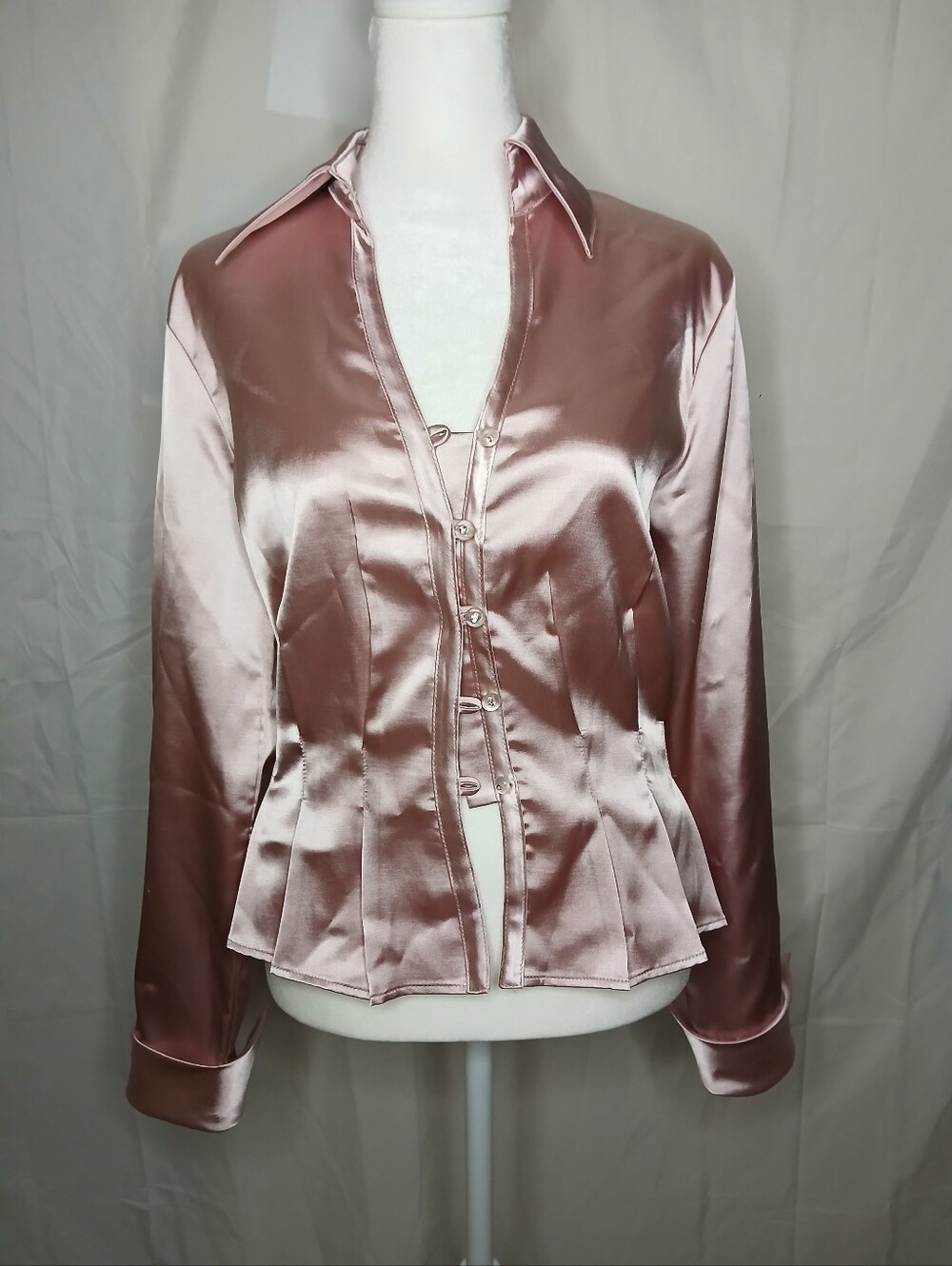 Satin Peplum Button-Front Jacket in Dusty Rose